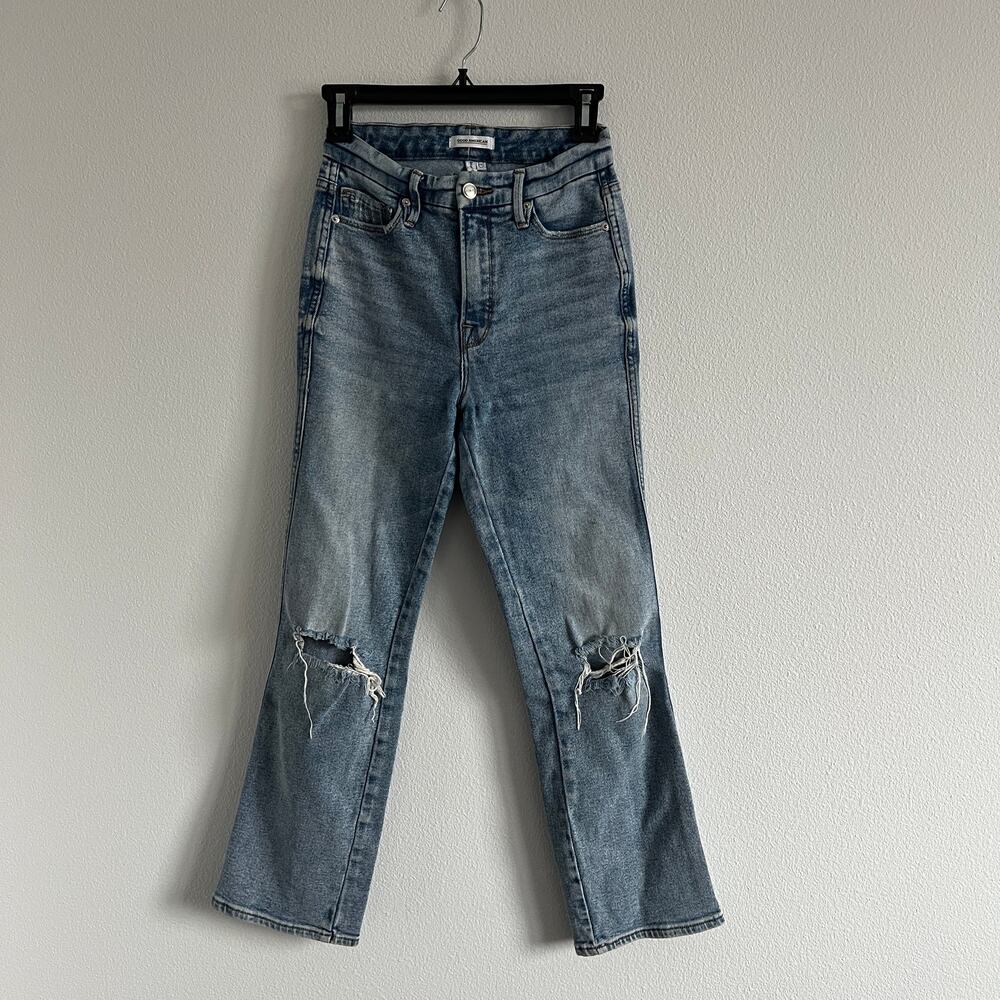 Good American Good Curve Straight Distressed Ripped Knee Med-Blue Wash Jean 25 - Picture 2 of 7